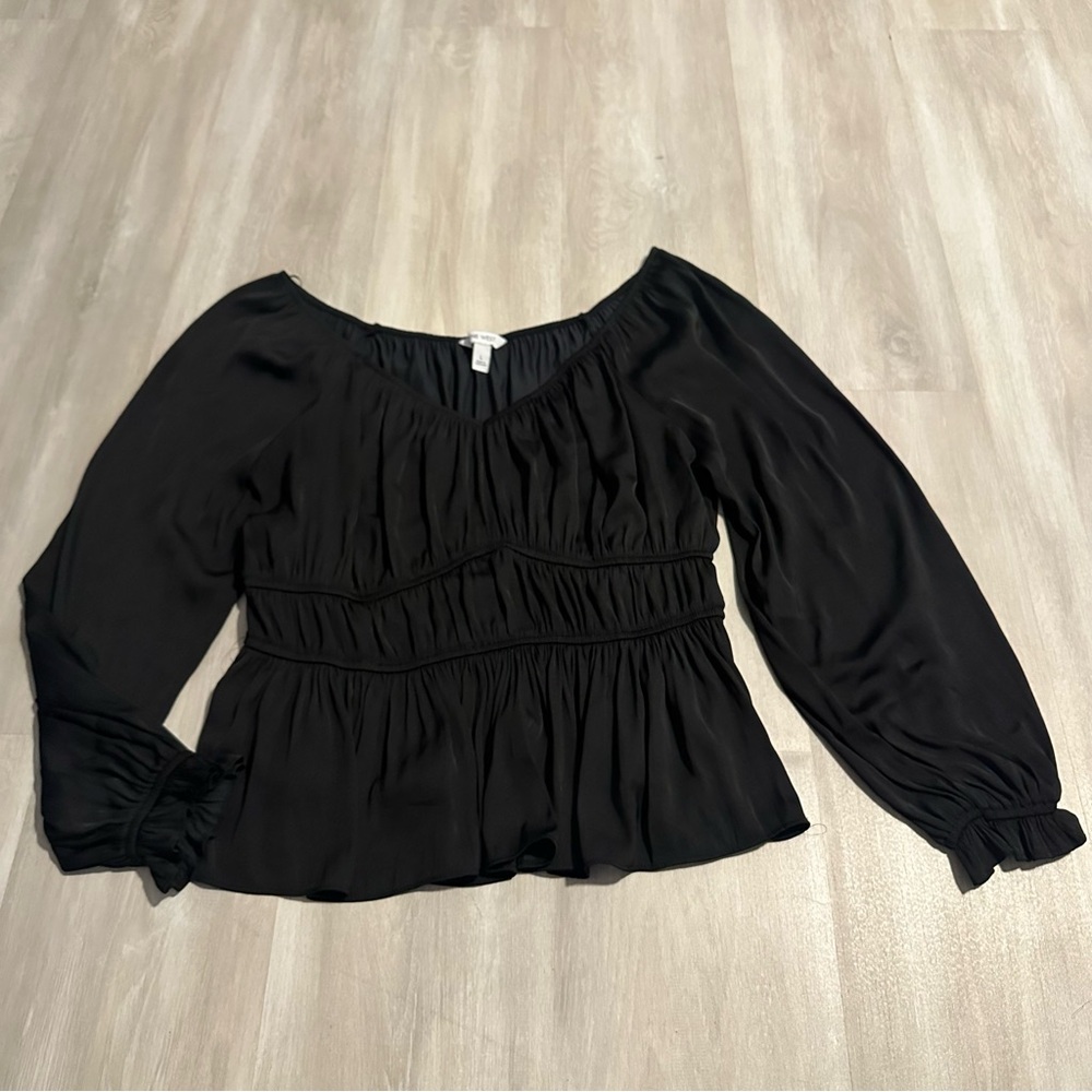 Nine West Black Satin Stretch V Neck Long Sleeve Blouse Sz L